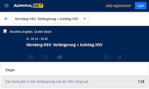 Verbesserte Quote für 1. FC Nürnberg - Hamburger SV in der 2. Runde des DFB-Pokals mit Admiralbet Quotenboost