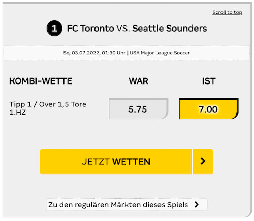 Top-Quote für Toronto FC gegen Seattle Sounders mit Merkur Sports Quotenboosts