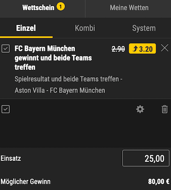 Bwin Boost zu Aston Villa gegen Bayern München