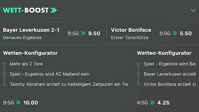 Quote 9,50 bei bet365 auf Leverkusen gewinnt mit 2:1 gegen Milan