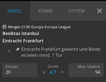 Neobet Boost zu Besiktas gegen Frankfurt in der Europa League