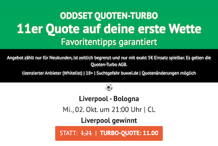 Quote 11,00 auf Liverpool gewinnt gegen Bologna bei ODDSET