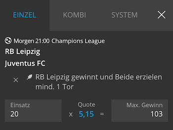 Neobet Boost zu Leipzig gegen Juventus