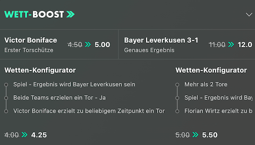 Leverkusen gewinnt mit 3:1 zur Quote von 12,00 bei bet365