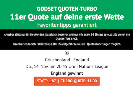 Quote 11,00 bei ODDSET für England gegen Griechenland