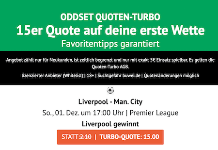 Quote 15,00 auf Liverpool gewinnt gegen Manchester City bei ODDSET