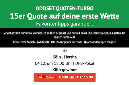 Quote 15,00 auf Köln gewinnt gegen Hertha bei ODDSET